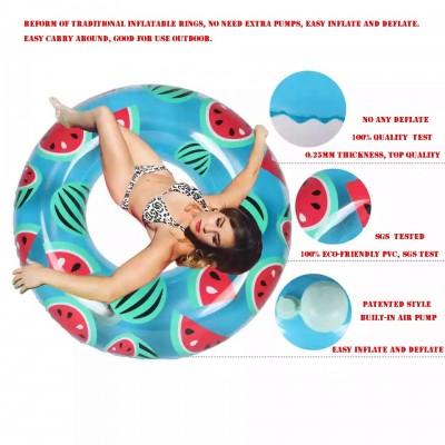 New patented design simply press air pump built-in  inflatable watermelon swimming rings floats for water fun match carry bag